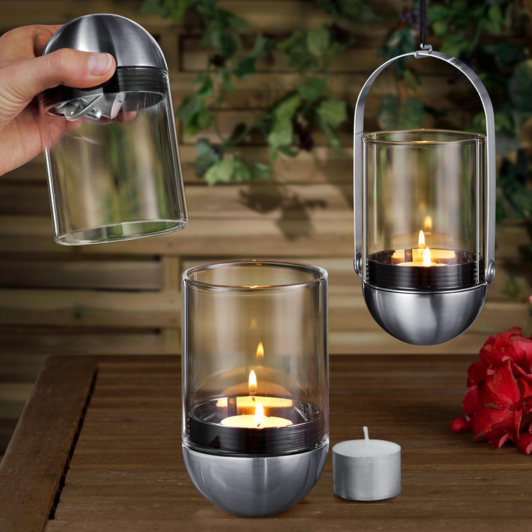 Gravity Candle Windlicht mit drei unterschiedlichen Metall- und Glasbehältern