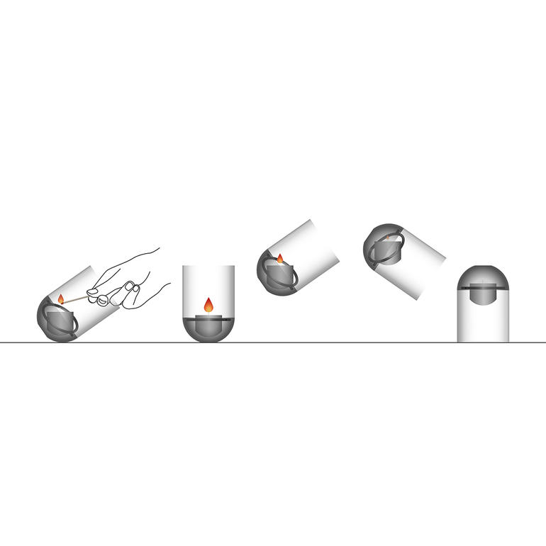 Einfach um 180° kopfüber drehen – schon wird die Flamme erstickt. Anweisungen zur Verwendung des Gravity Candle Windlichts