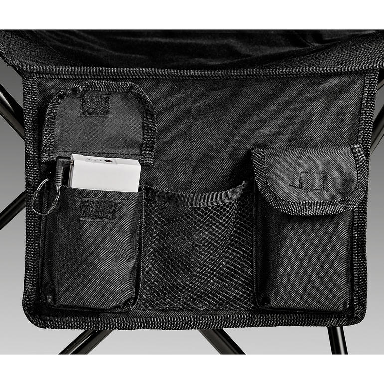 Mit integrierter Aufbewahrungstasche für den Akku. Innenseite der beheizbaren Gartenstuhlauflage mit Taschen.
