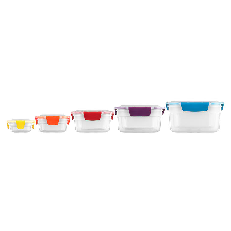 5-in-1 Frischhaltebox 5-in-1 Frischhalteboxen in einer Reihe mit farblichen Deckeln.