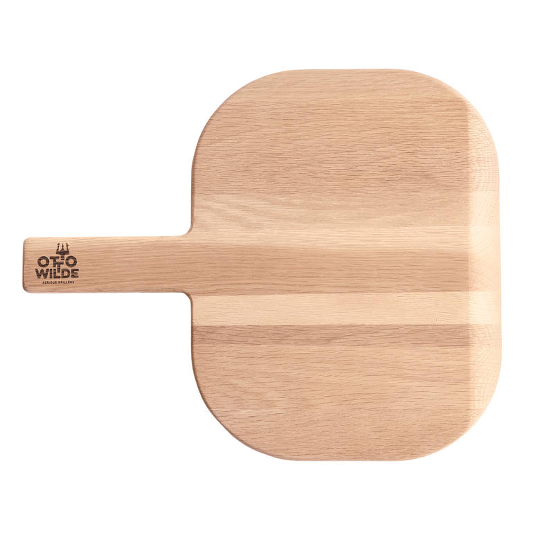 Holzbrett mit Griff, in runder Form, für Pizzabereitung.