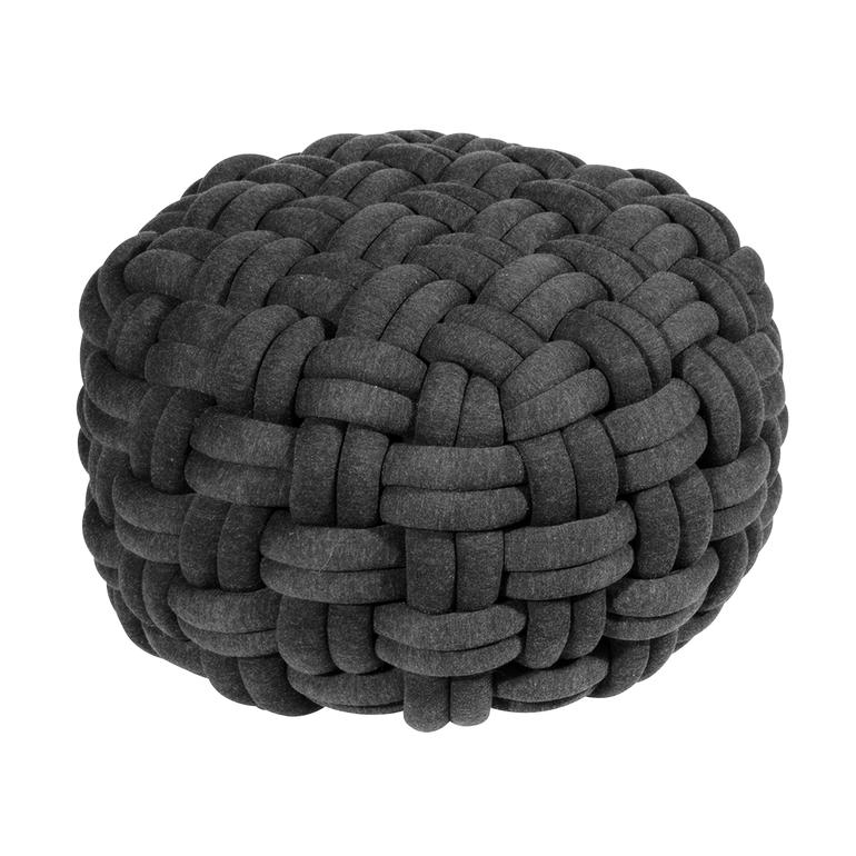 Dunkelgrau Dunkelgrauer geflochtener Pouf auf weißem Hintergrund.