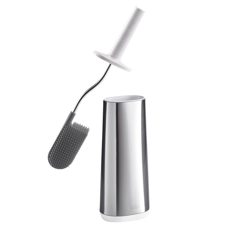 Mit den Borsten auf der Kopf-Oberseite reinigen Sie mühelos auch unter dem Toilettenrand. Flexible Silikon-WC-Bürste mit Halter in einem modernen Design
