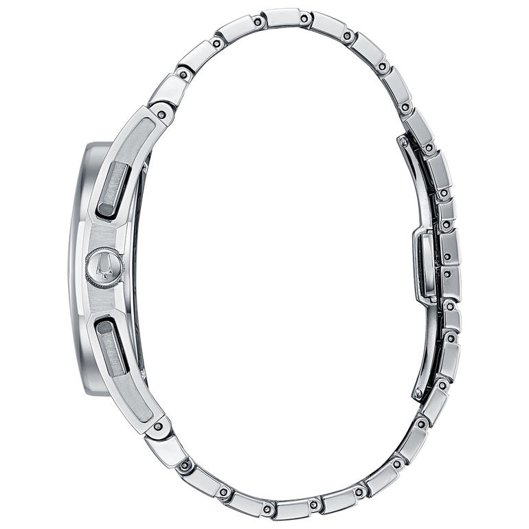 Außergewöhnlich bequem: Durch das gewölbte Uhrwerk trägt sich die Bulova Curv besonders komfortabel am Handgelenk. Seitenansicht der Bulova Curv Uhr in Silber