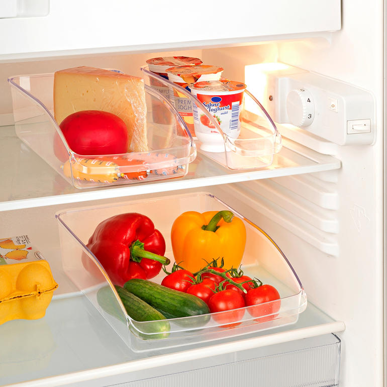 Universal-Organizer, 3er-Set in einem Kühlschrank mit Lebensmitteln