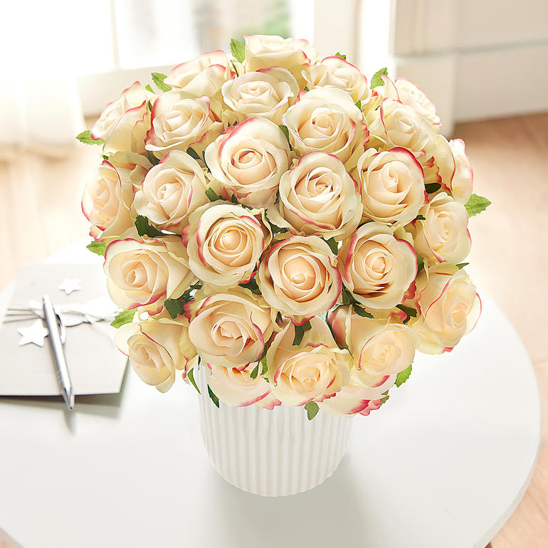 Großer Strauß aus cremefarbenen Rosen in einem weißen Topf