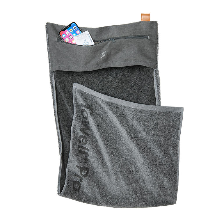 Integrierte Reißverschluss-Tasche für Schlüssel, Mitgliedskarte, Smartphone, ... Magnet-Sporthandtuch in Grau mit versteckter Tasche für Smartphone.