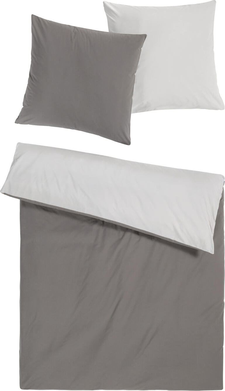 Bettwäsche in Grau und Hellgrau, Kissen und Decke