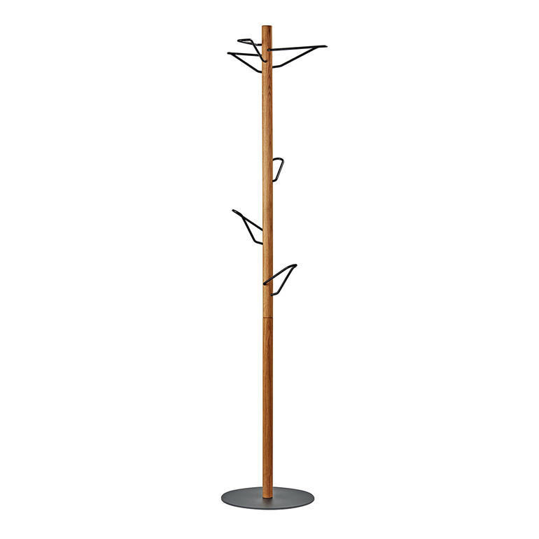 Standgarderobe Leere Holzstandgarderobe mit drei Haken auf weißem Hintergrund.