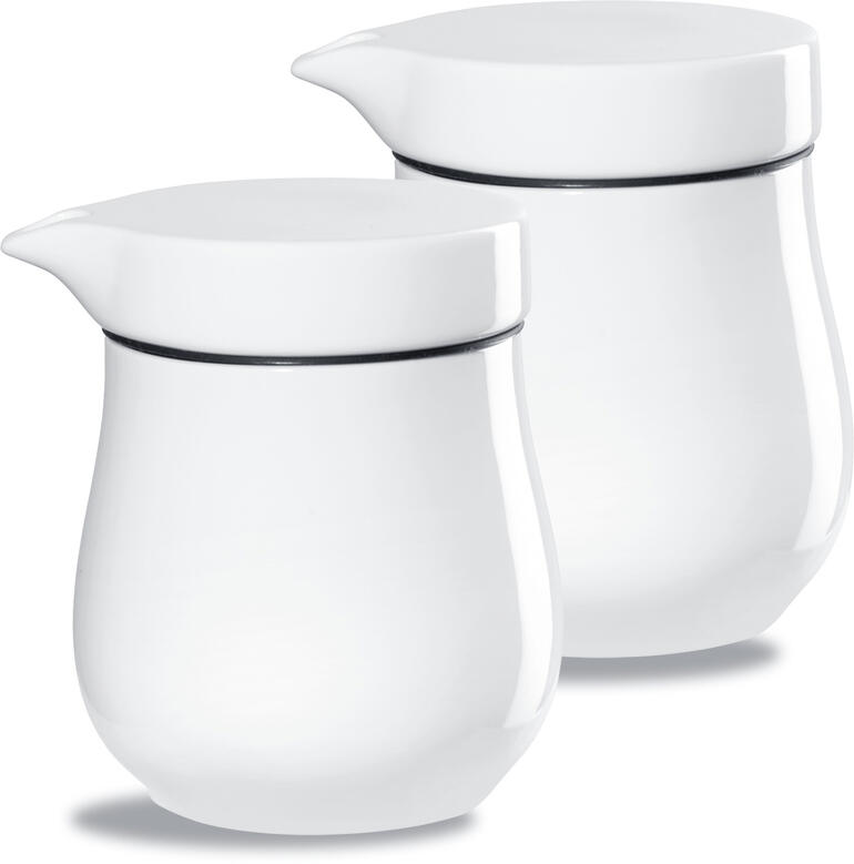 Thermo-Sauciere, 2er-Set Zweites Thermo-Sauciere-Set, zwei weiße Kannen mit breitem Ausguss.