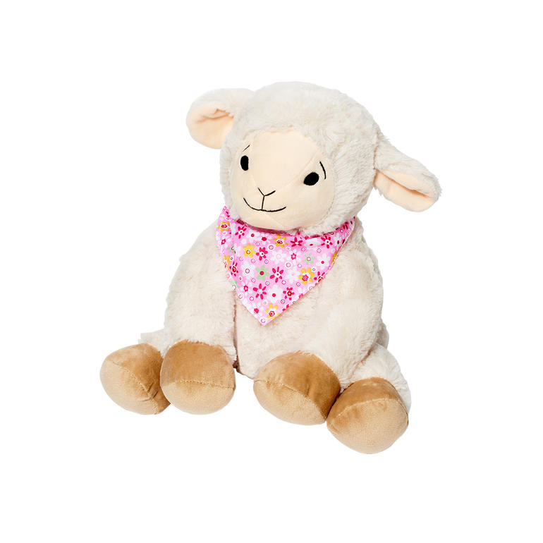 Kuschelschaf, Rosa Kuscheltier-Schaf in sitzender Position mit rosa Halstuch.