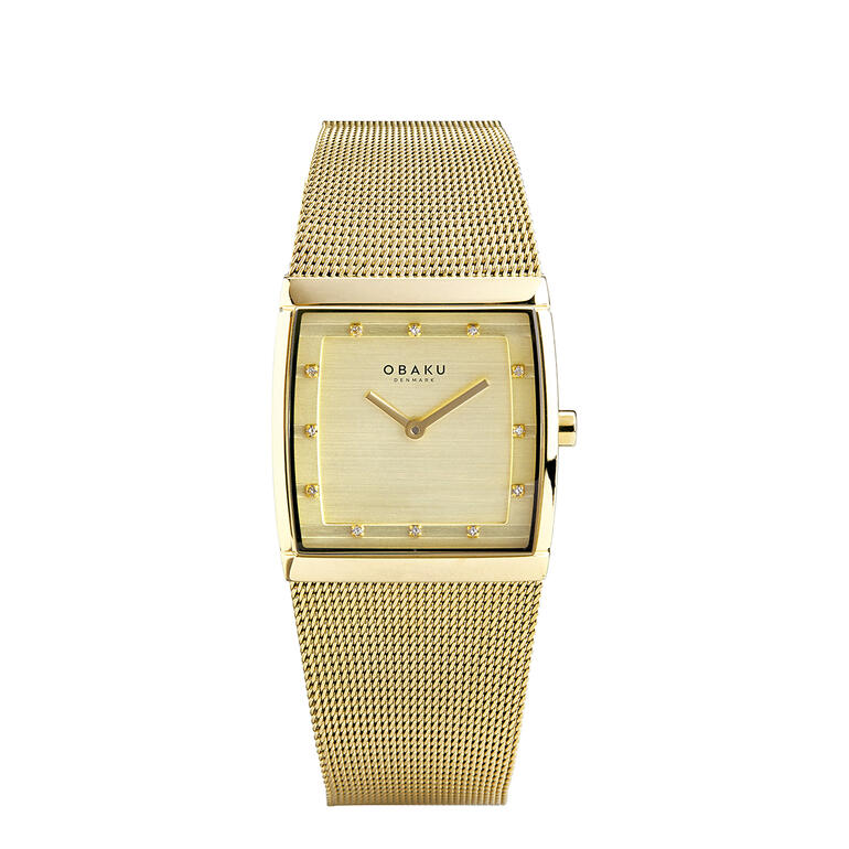 Damenuhr, Gold Obaku Karree-Damenuhr in Gold mit glitzerndem Zifferblatt.