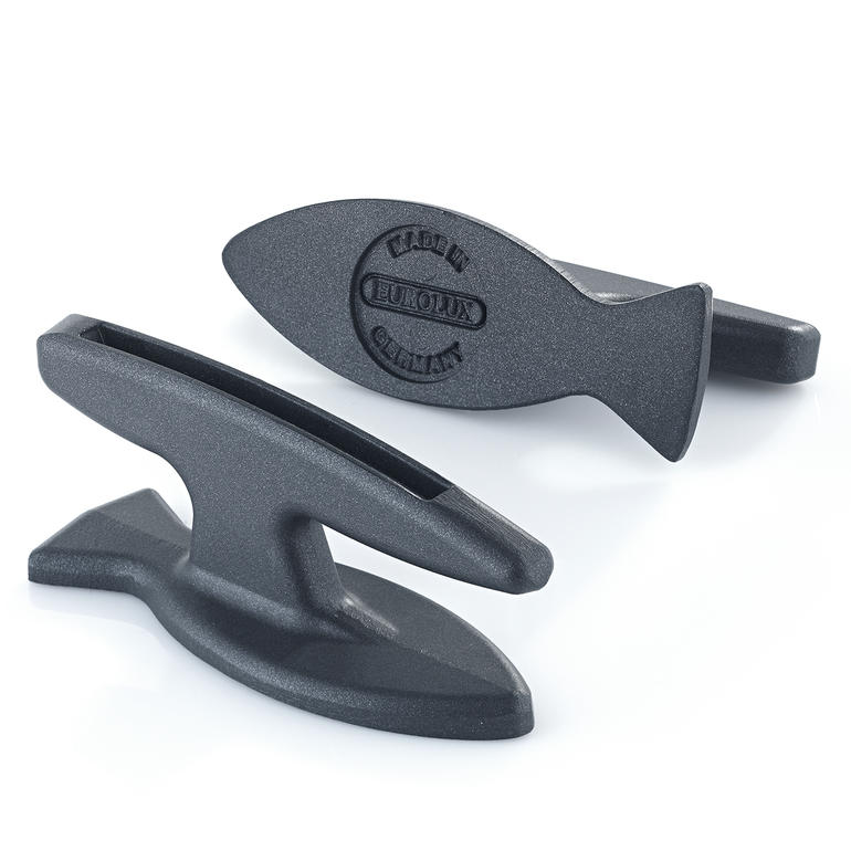 Zwei schwarze Fischhalter aus Kunststoff