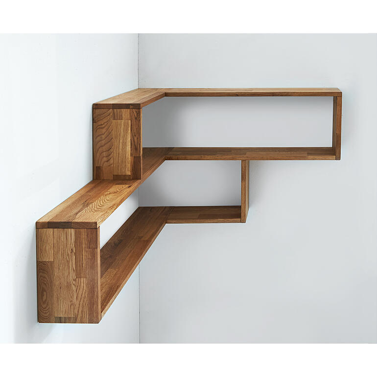 Wand-Eckregal Wand-Eckregal aus Holz in minimalistischer Ausführung, an einer weißen Wand montiert.