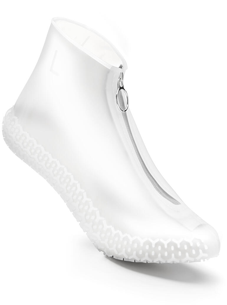 Regen-Überschuh Weiße Regen-Überschuhe mit Reißverschluss und rutschfester Sohle.