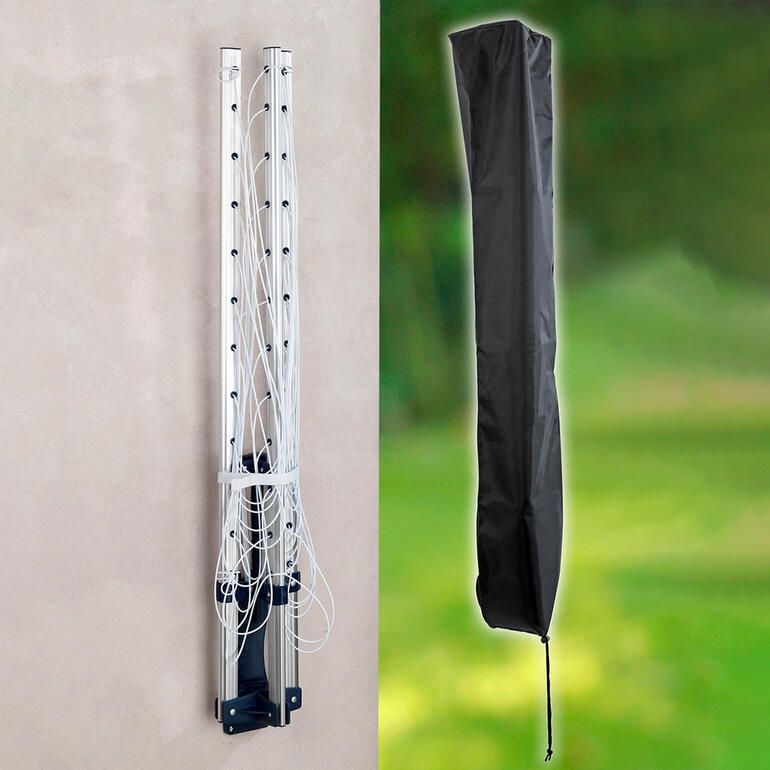 Nach Gebrauch einfach an der Wand zusammenklappen – und mit der Schutzhülle abdecken. Faltbare Wand-Wäschespinne, zusammengeklappt und in Abdeckung.