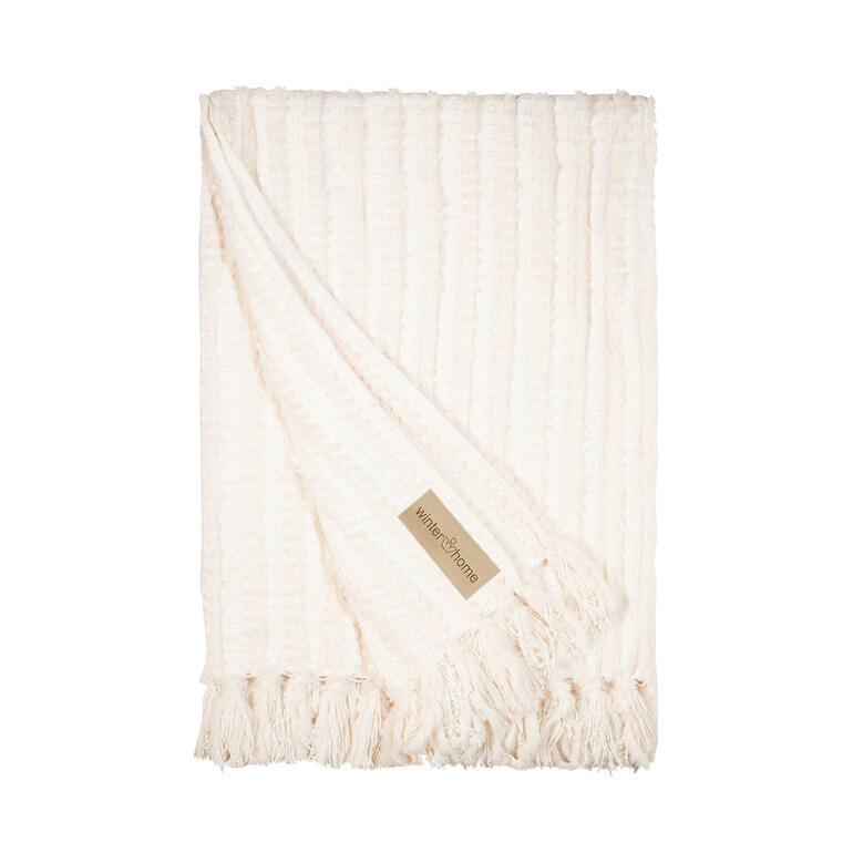Chenille-Kunstfell-Strickdecke Ecru Strickdecke auf weißem Hintergrund.