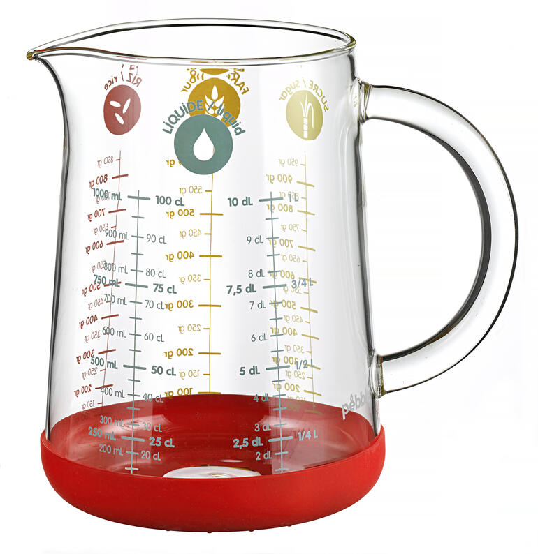 1.000 ml Transparenter Glas-Messbecher mit rotem Sockel, skaliert bis 1.000 ml.