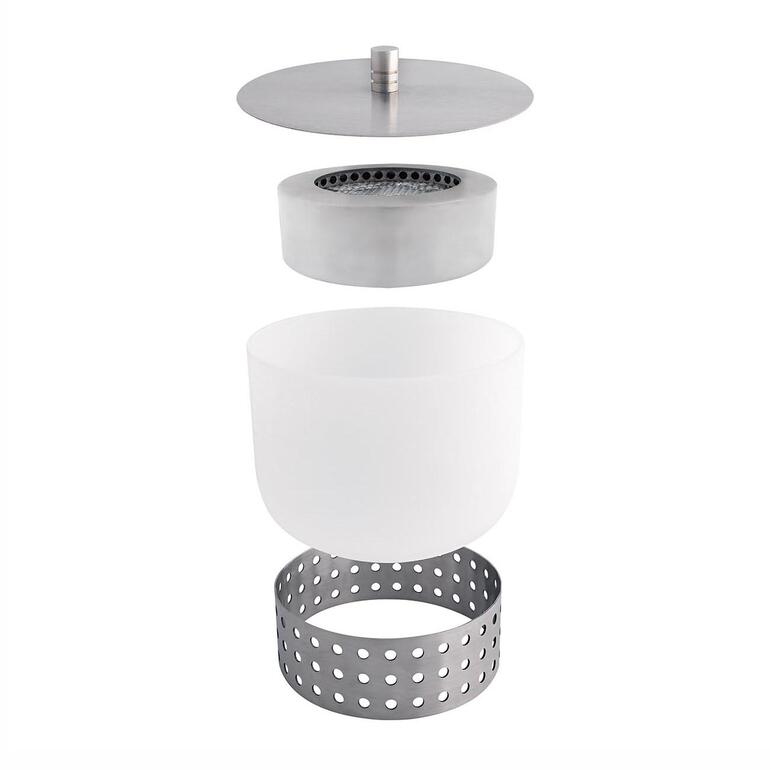 Die Tischfeuerschale besteht aus: Löschdeckel, Sockel und Brenner aus Edelstahl, Glasschale aus hochreinem Quarzglas. Zerlegte Glas-Tischfeuerschale mit allen Komponenten