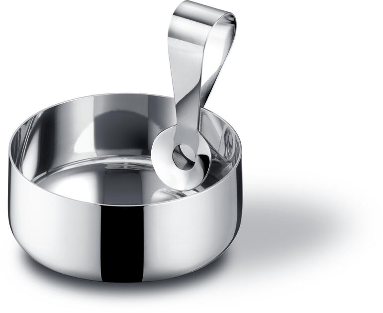 Design-Snackschale aus Edelstahl mit Löffelhalter.