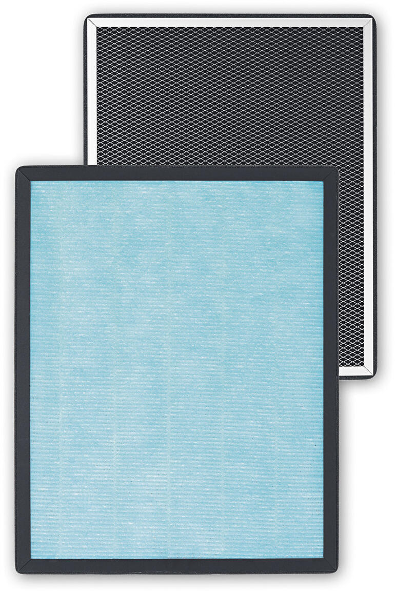 Zwei Ersatzfilter für Luftreiniger, einer mit hellblauem Filter und einer mit schwarzem Design.