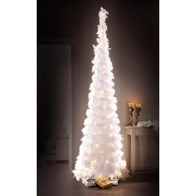 Warmweiße LEDs lassen den Federbaum zauberhaft leuchten. Weißer LED-Federbaum mit Beleuchtung und Geschenken.