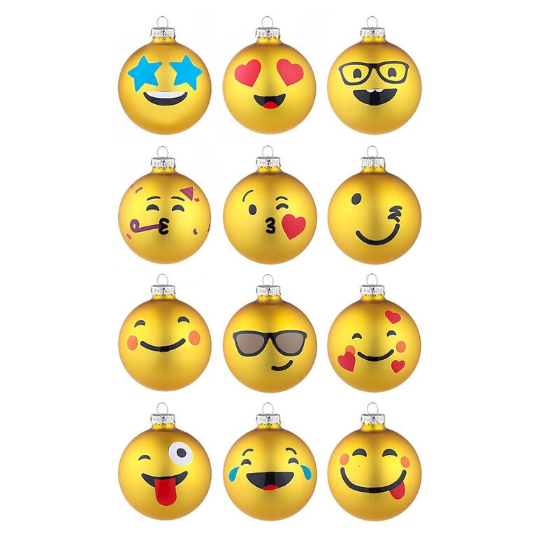 Emoji-Weihnachtskugeln, 12er-Set 12 Emoji-Weihnachtskugeln in einer Reihe auf einem weißen Hintergrund