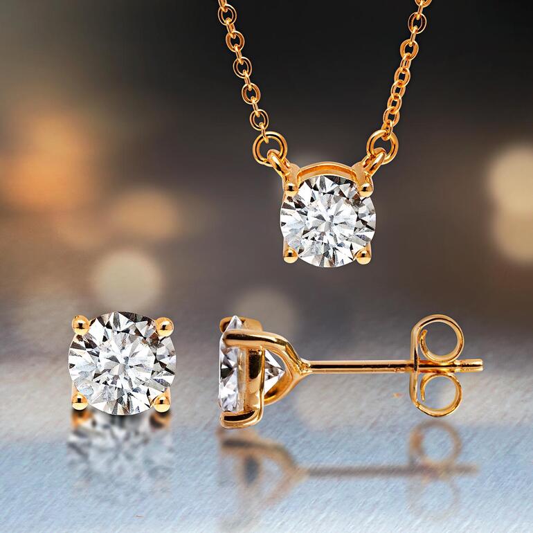 Moissanite Schmuck: Ohrringe und Anhänger in Goldfarbe