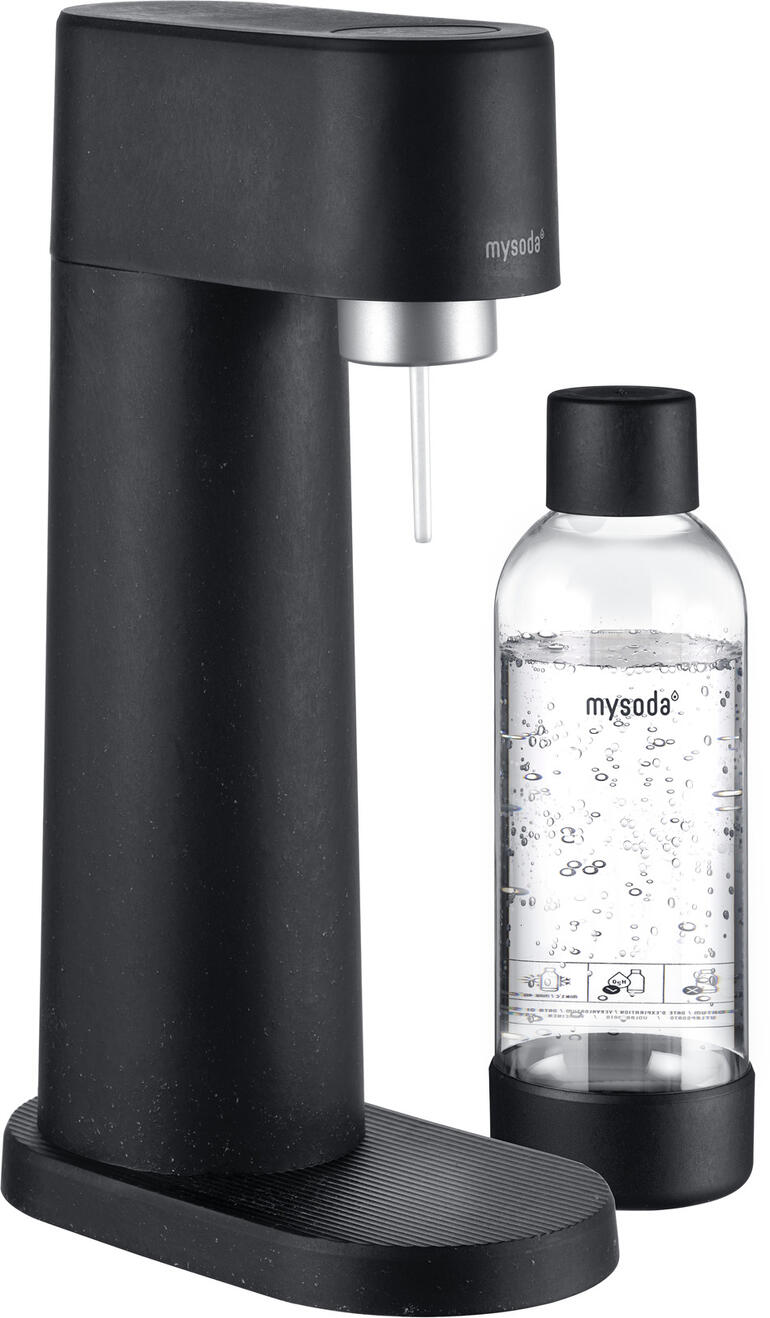Design-Wassersprudler Woody Design-Wassersprudler Woody mit schwarzem Gehäuse und zugehöriger Flasche