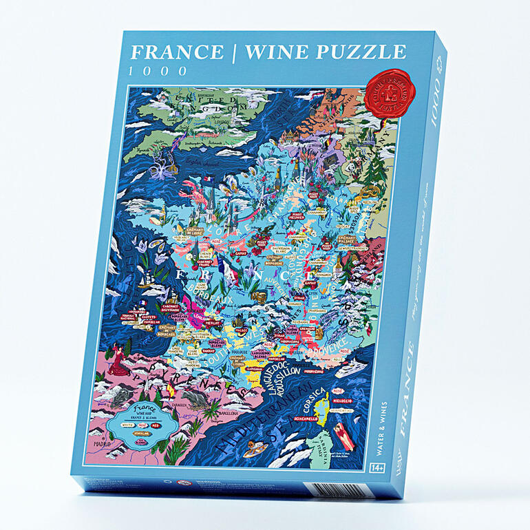 Frankreich Verpackung des Wein-Puzzles Frankreich mit buntem Kunstwerk.