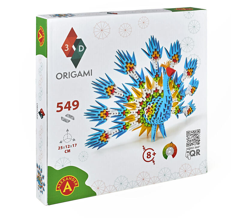 Komplettset mit 549 Puzzleteilen und Anleitung. Packung mit 3D Origami Pfau, enthält 549 Teile.