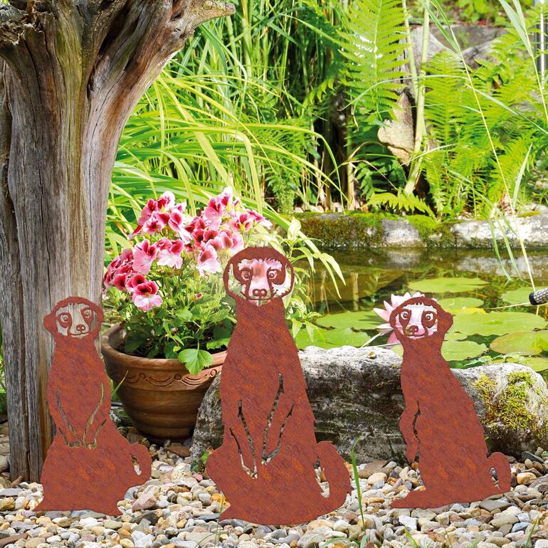 Erdmännchen-Gartenstecker Set von drei Erdmännchen im Garten.