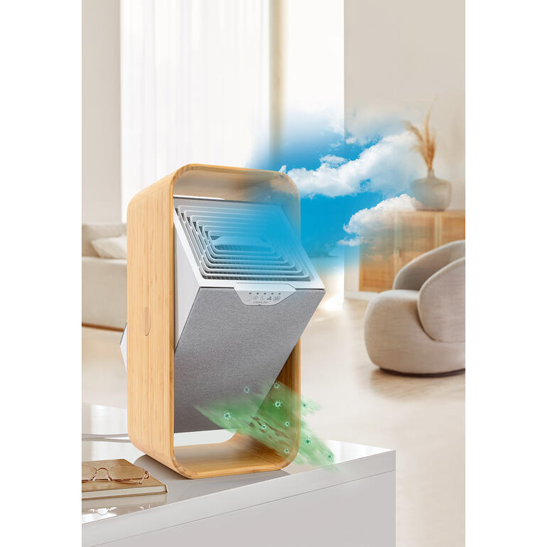 Mit schwenkbarer Ventilator-/Filtereinheit. Plasma-Luftreiniger in einem modernen Raum, Luftfilterung dargestellt mit visuellen Effekten