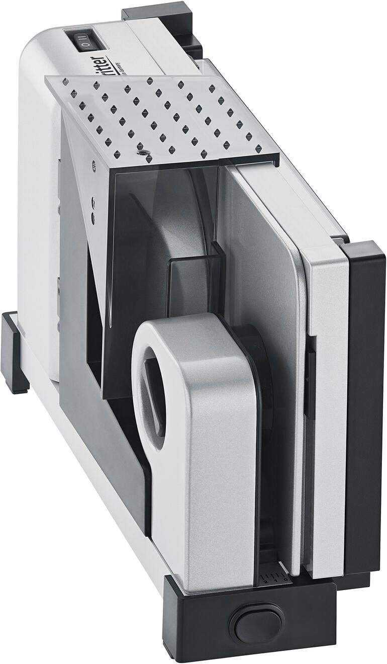 Zusammengeklappt nur 10 cm schmal. Seitenansicht des Allesschneiders icaro 5 Duo Plus.