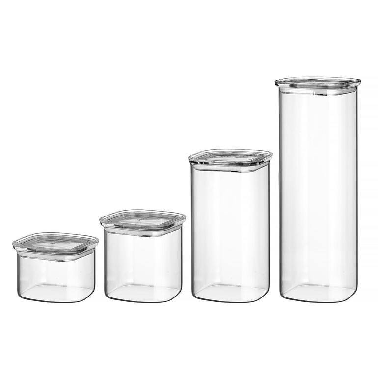 In 4 Größen erhältlich: 500 ml (H 7 cm), 800 ml (H 11 cm), 1,4 l (H 19 cm), 2,2 l (H 30 cm). Vier durchsichtige Vorratsgläser mit Glasdeckel in verschiedenen Größen auf weißem Hintergrund.
