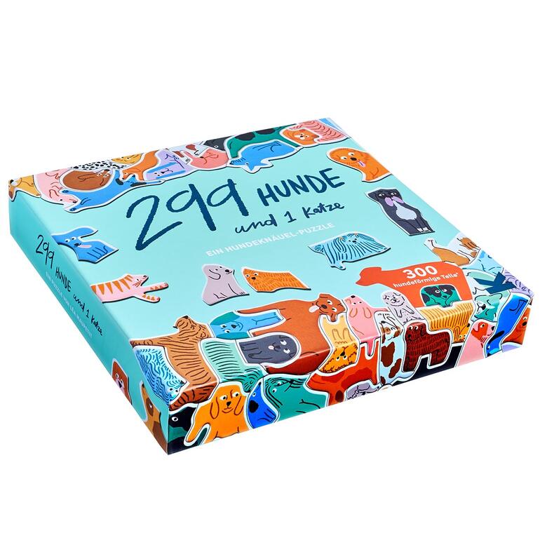 299 Hunde und 1 Katze Puzzlebox für 299 Hunde und 1 Katze, farbenfrohes Design.