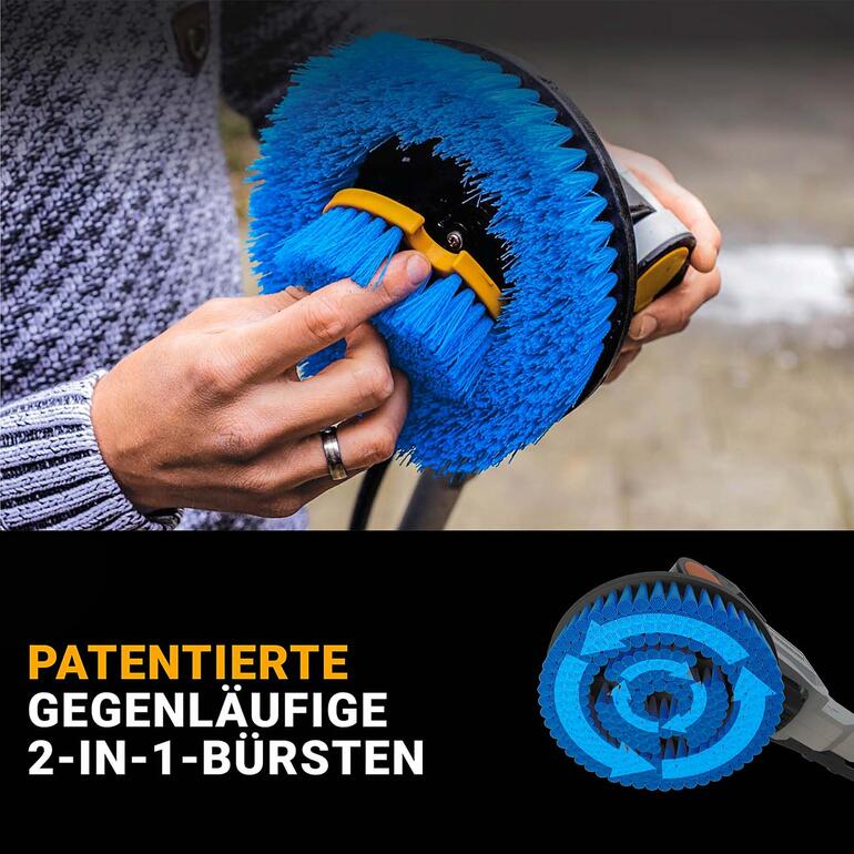 Der patentierte Bürstenkopf arbeitet mit gegenläufig rotierenden Borsten – für ein optimiertes Reinigungsergebnis und kraftsparende Laufruhe. Nahaufnahme des Twin Brush Elektro-Schrubbers mit blauen Bürsten.