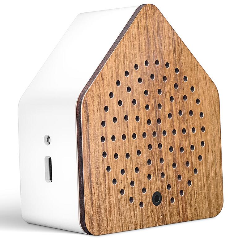 Einzelne Zirpybox mit Holzfront und Lochmuster auf weißem Hintergrund.