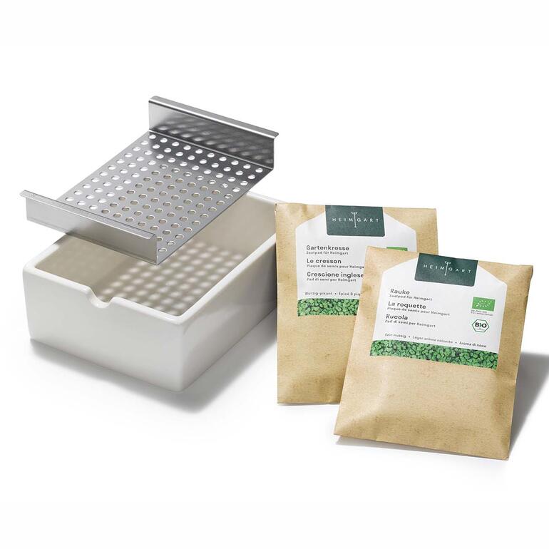 Microgreens Starter-Set, 4-teilig Wasserdichtes Behälter mit Abdeckung und zwei Saatgutpackungen für Microgreens.