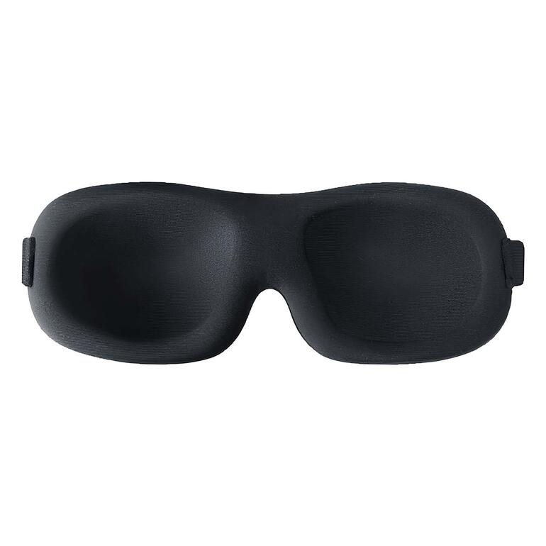 Die innovative 3D-Form verhindert störenden Druck auf die Augäpfel sowie unangenehme Reibung an Lidern und Wimpern. 3D Kontur-Schlafmaske von oben betrachtet in schwarz