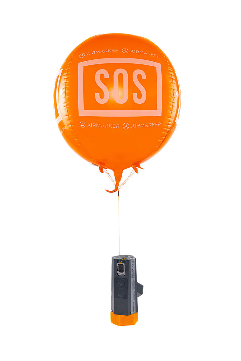 SOS-Ballon Orangefarbener SOS-Ballon mit schwarzem Halter
