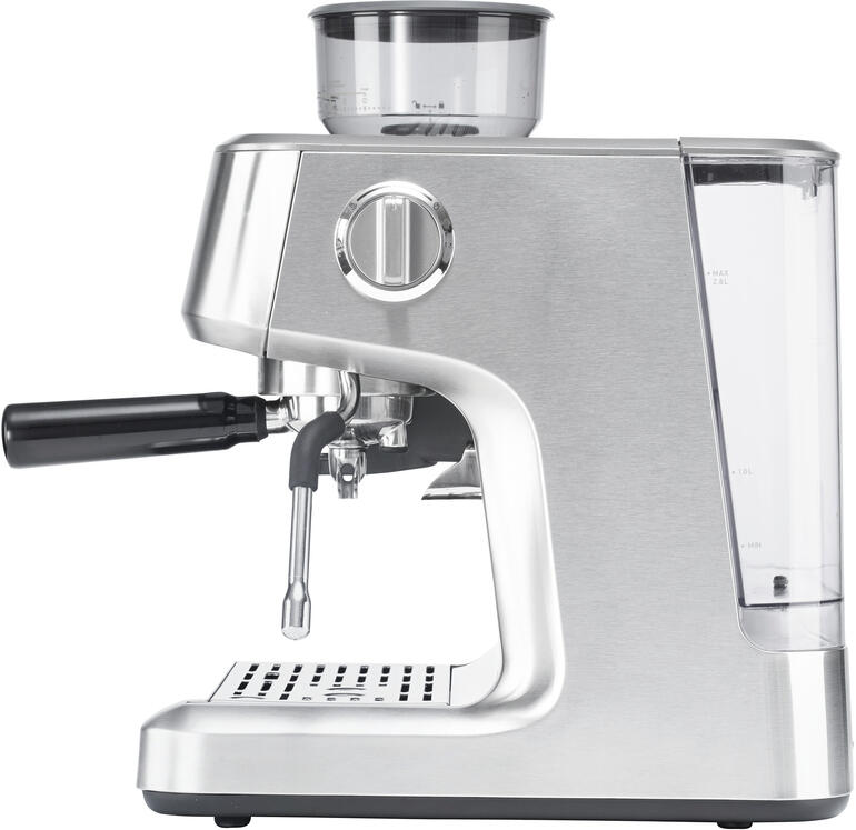Mit 260 g-Bohnenbehälter und integriertem Kegelmahlwerk in Gastro-Qualität. Design-Siebträgermaschine Advanced Duo in silberner Edelstahloptik seitlich.