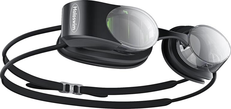 Holoswim 2 Schwimmbrille in Schwarz mit transparenten Gläsern.