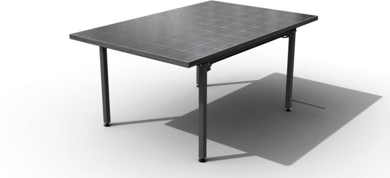 Das 400 W Mini-Kraftwerk nutzen Sie in einem als Outdoor-Tisch für 6 Personen. Solar-Tischkraftwerk TX-250 auf einem weißen Hintergrund.
