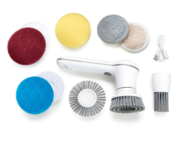 8 Reinigungsaufsätze mitgeliefert: kratzfreies Scheuerpad, innovative Fugenbürste, großer und kleiner Borstenkopf, Schwamm-, Wisch-, Faser- und Polierpad. Ersatzbürsten und Pads im 8er-Set für Handreinigungsbürste.