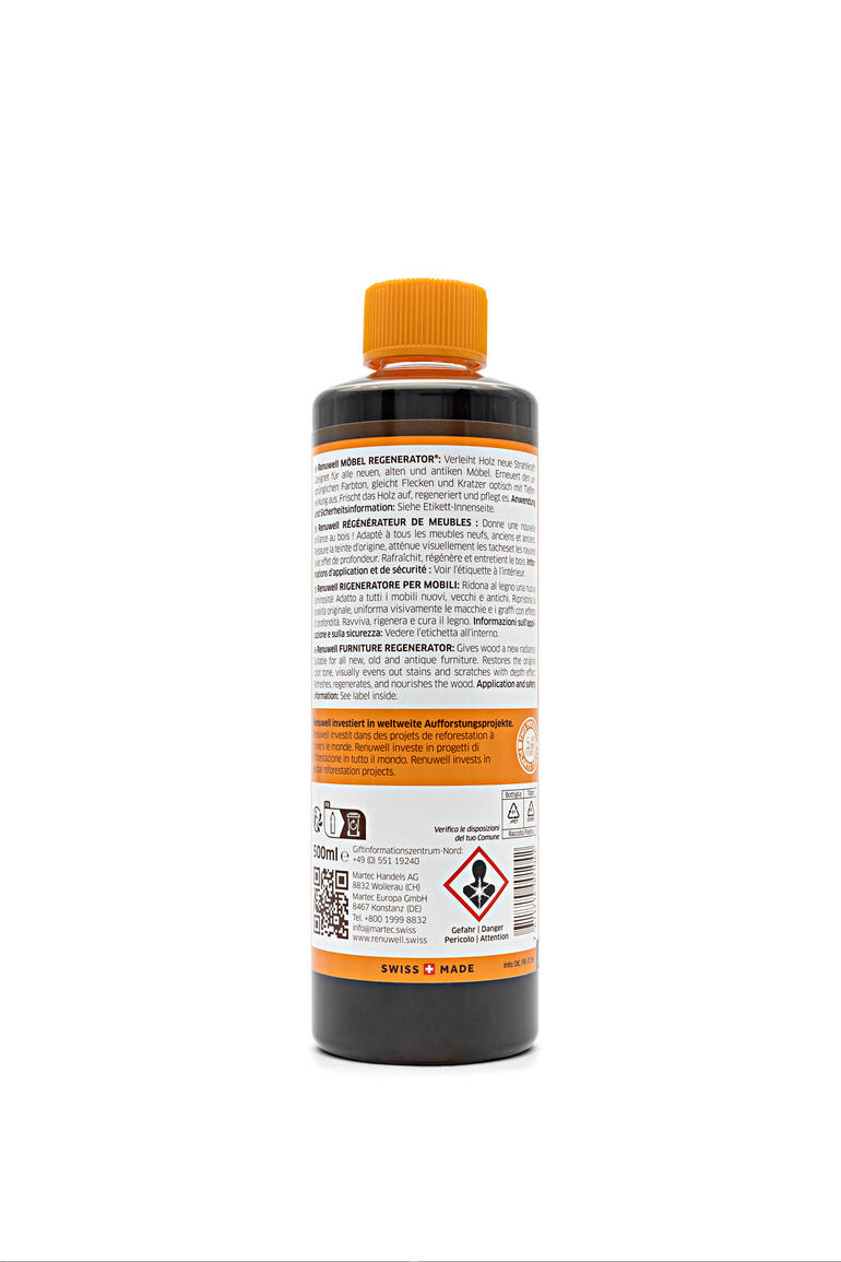Renuwell Möbel-Regenerator, 500 ml Rückansicht der Flasche Renuwell Möbel-Regenerator mit Inhaltsangaben.