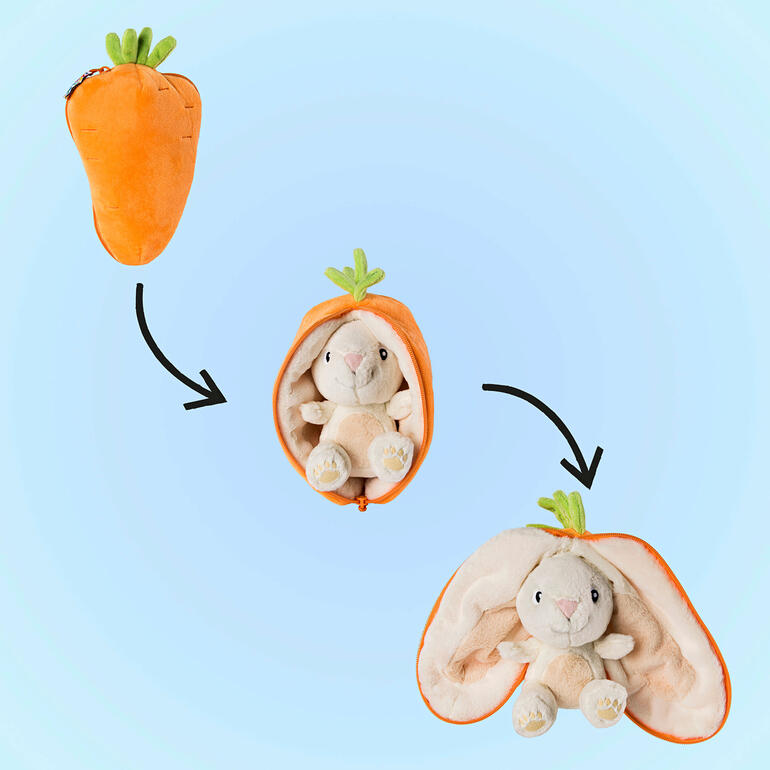 Veggie-Wende-Plüschtier in Form einer Möhre, die einen Hasen enthält.