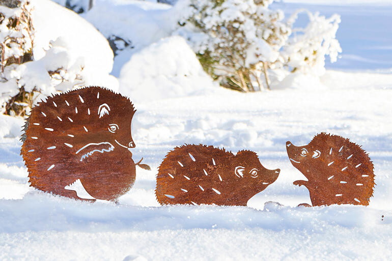 Schön zu jeder Jahreszeit – perfekt auch in Ihren Winterbeeten. Drei Gartenstecker in Igel-Design, im Schnee, aus Metall.