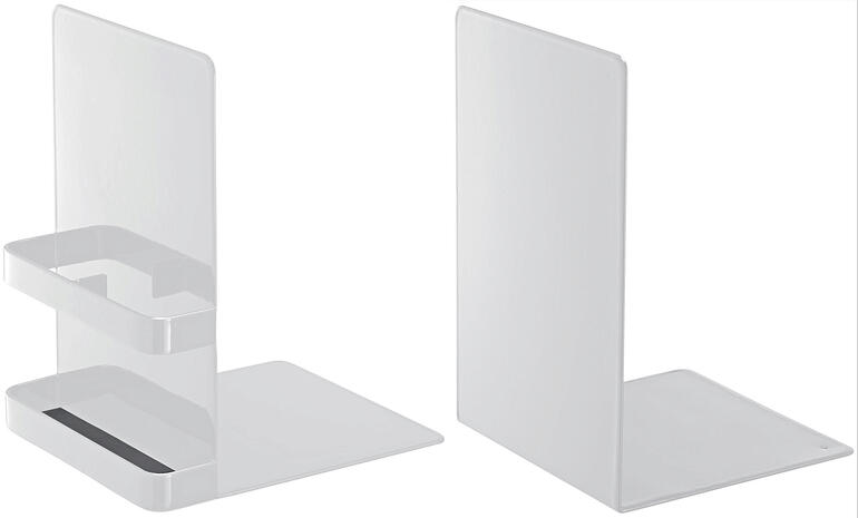 Weiß Zwei transparente Buchstützen, modernes Design, vielseitig einsetzbar.
