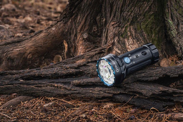 Kompakte Taschenlampe auf einem Baumstamm im Wald.